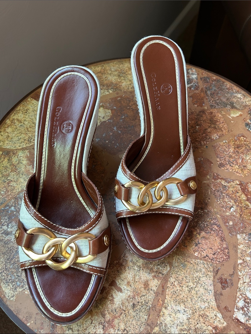 Cole Haan Brown & Cream Leather Slide Mules with Gold Chain